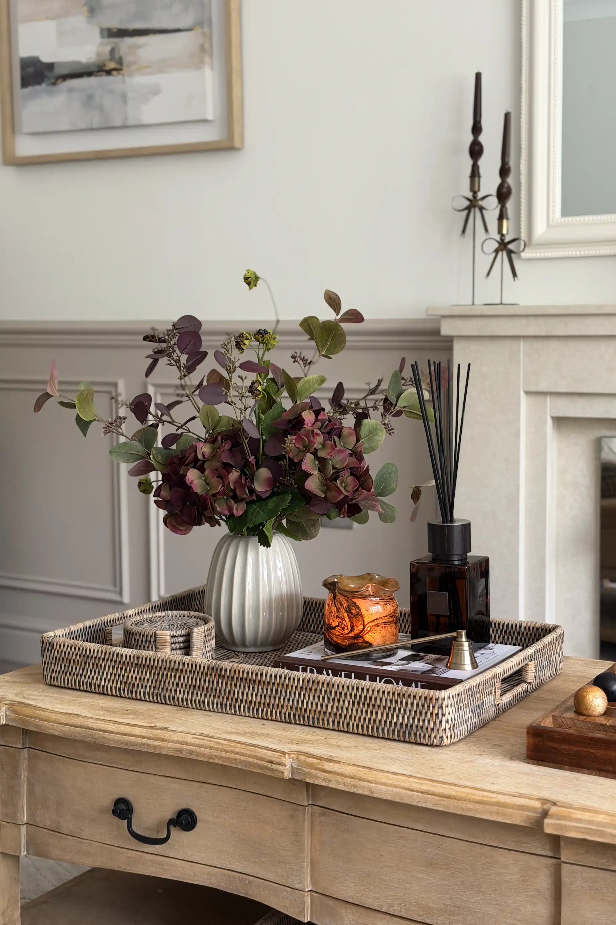 Large Grey Wash Rattan Rectangle Tray