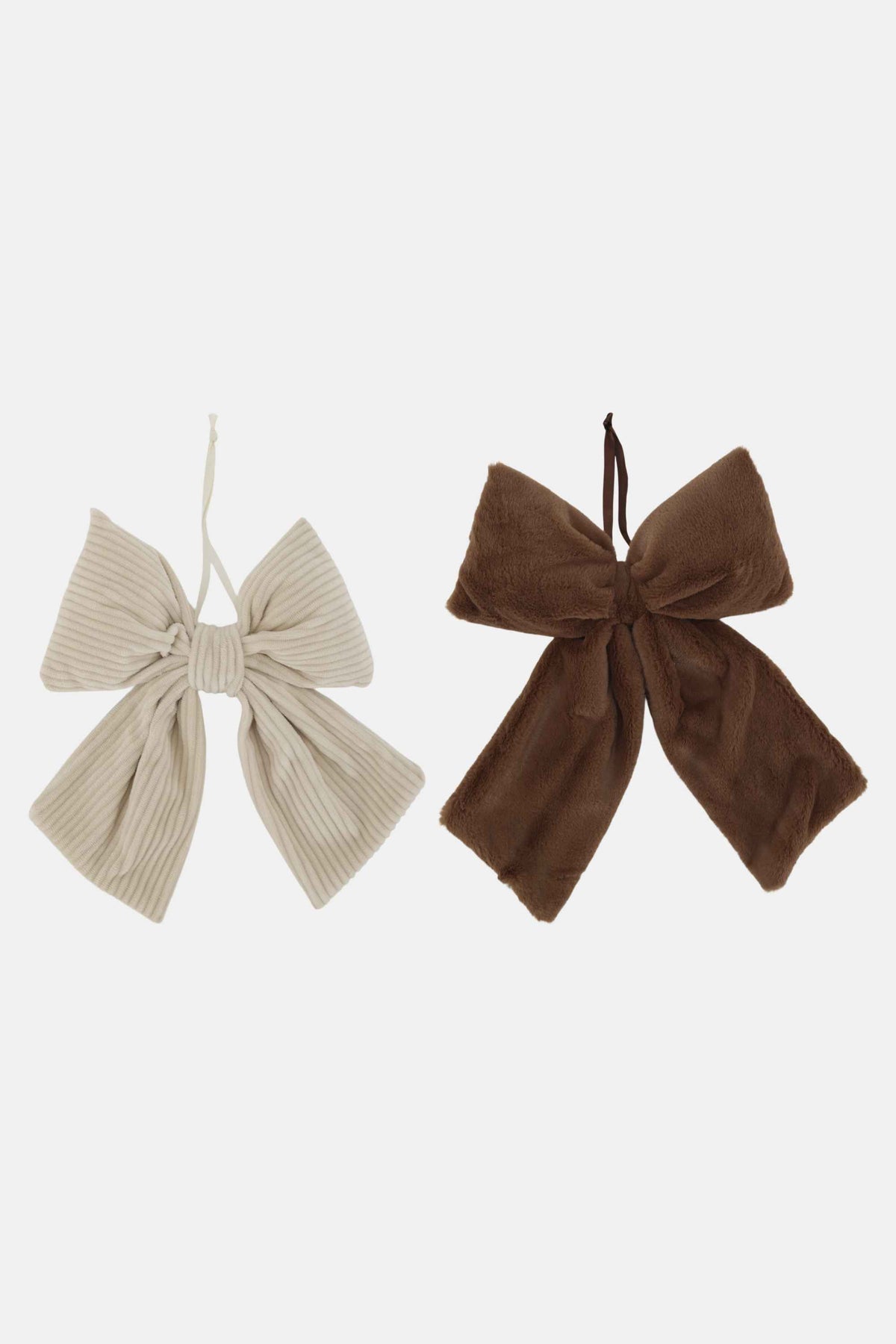 Cream Ribbed & Brown Faux Fur Hanging Bows (Set of 2)
