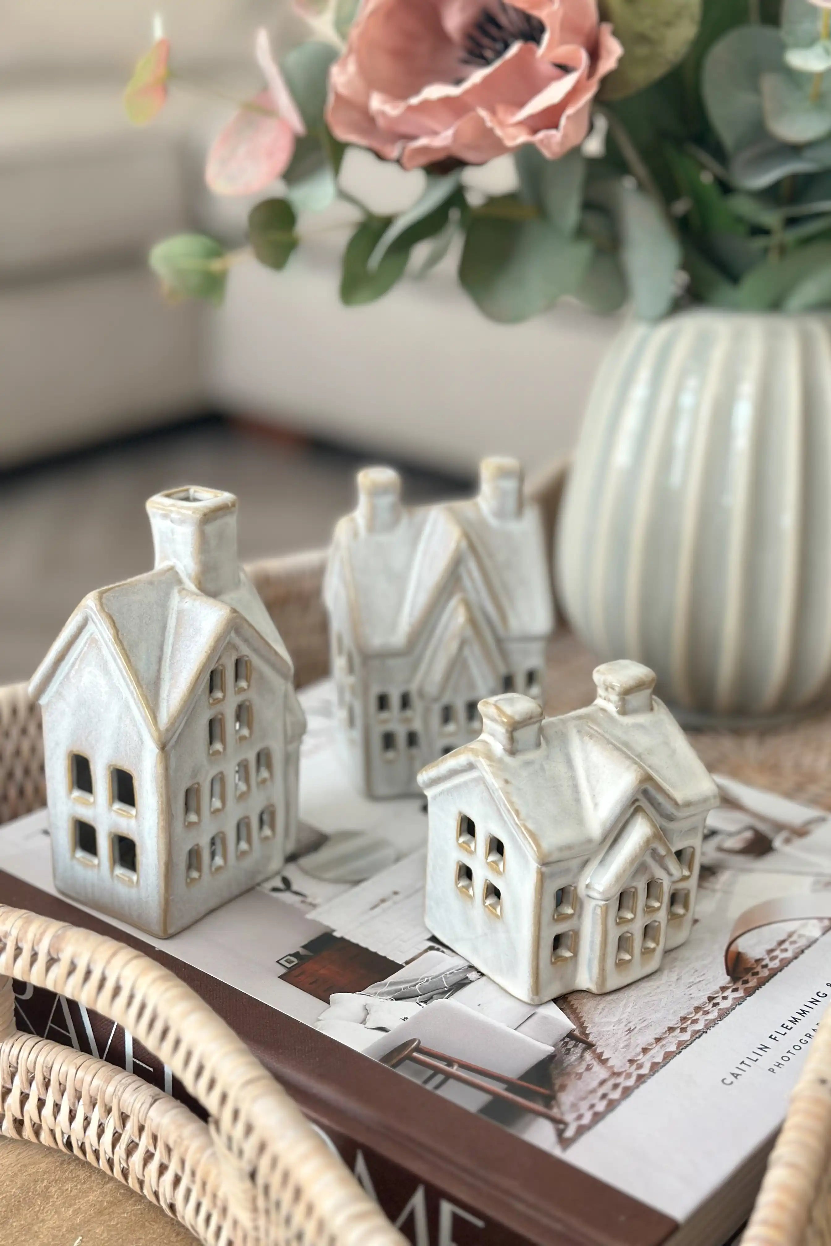 Cream Porcelain LED Houses (Set of 3)