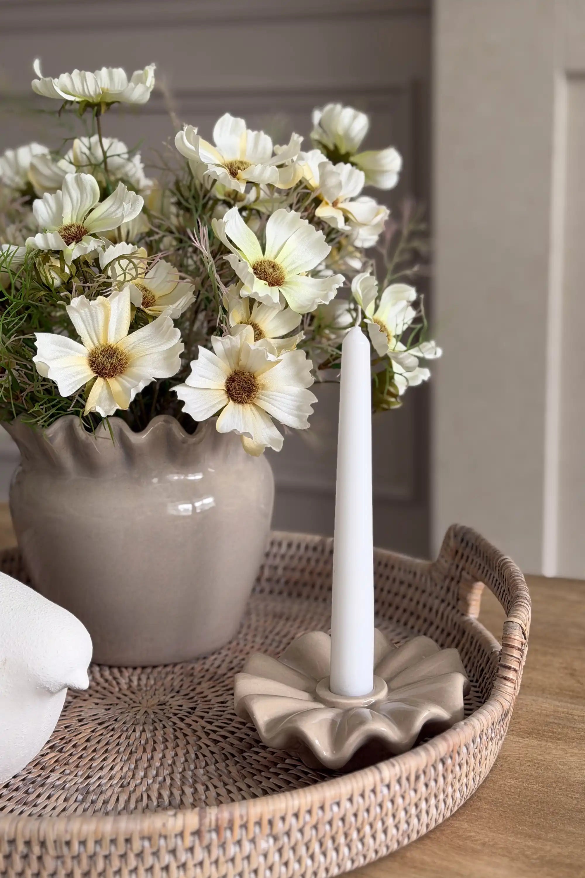 Serena Beige Ruffle Candlestick Holder